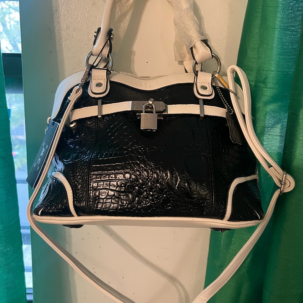 MC Black and White Croc-Embossed Satchel